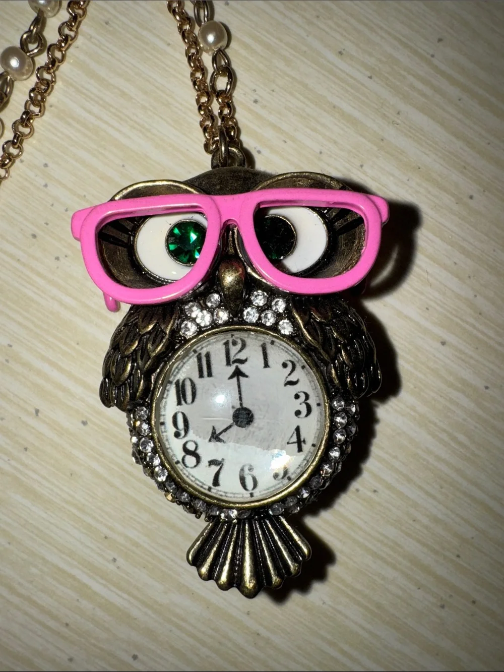 Betsey Johnson Bronze Owl Pendant Watch with Pink Glasses